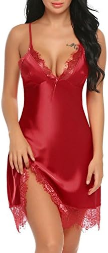 Ouyilu Women’s Satin Lace Full Slip Chemise Silk Nightgown Sleepwear (Red,XL)