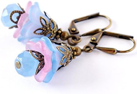 Frosted Lilac and Periwinkle Blue Layered Flower Earrings in Antiqued Bronze Filigree