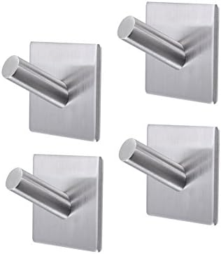 Homerity 4Pcs Self Adhesive Hooks [Super Power 3M Hooks] SUS304 Stainless Steel Coat Hooks Towel Hook Bathroom Kitchen Rustproof Multifunction Organizer Hooks Key Hooks Damage Free Wall Hooks