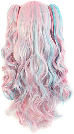 Tulas Lolita Wig Pink Blue Mixed Ombre Long Curly Clip-In Ponytails Full Bangs Cosplay Wig Party Wigs