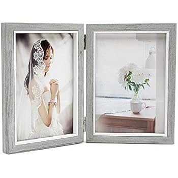 Afuly Grey Picture Frame 5x7 Double Wooden Hinged Photo Frames Folding Vertical for Table Desk Top Display