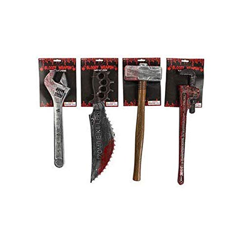 Halloween Bloody Weapons (Pack of 4 Styles) Includes 2 Wrench, Hammer & Saw | Haunted Houses Fake Bloody Weapons Props for Halloween Costume Cosplay Party Decorations Halloween Party Supply
