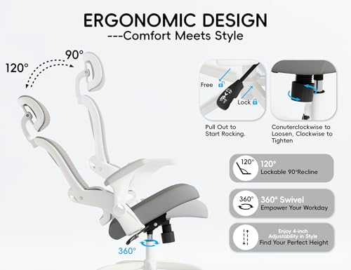 TRALT Office Chair - Ergonomic Office Chair with Back Support, Computer Chair - Home Office Desk Chairs, 330lbs Wide Seat Big and Tall Office Chairs with Headrest, Comfy Desk Chairs (White Grey)