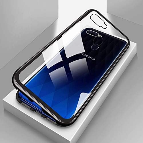 Porche Luxury Magnetic Metal Bumper Absorption Case with Tempered Glass Back Case Cover for Oppo F9 Pro Black Slim Metal Frame with Strong Protection