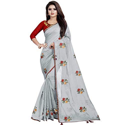 Womens Cotton Blend and Linen Saree with Blouse Piece (Grey)
