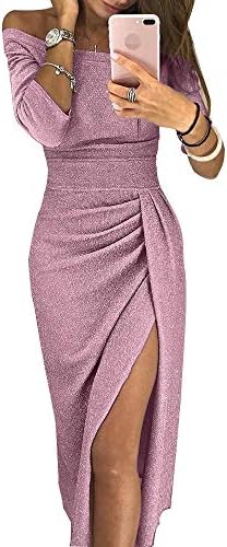URMEI Women Off The Shoulder 3/4 Sleeve Slit Ruched Bodycon Shiny Evening Party Cocktail Club Long Maxi Dress