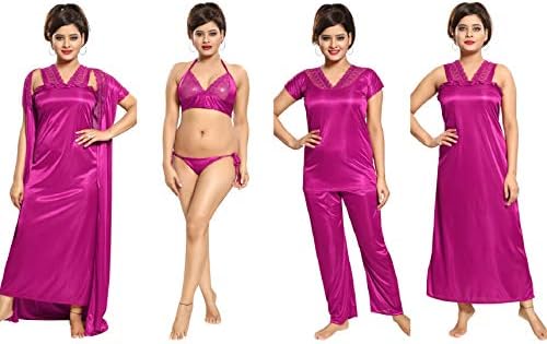 REPOSEY Women's Satin Nightwear Free Size Set of 6 Pcs Robe with Nighty, Top with Pyjama, Bra & Thong