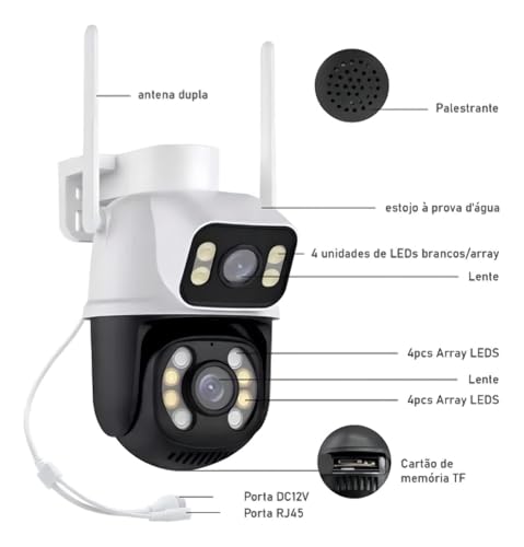 Câmera De Segurança Sem Fio Wi-fi Externa Interna HD 3MP Lente Dupla Giratória Smart IP66 Prova D'água Visão Noturna Infravermelho Chamada de Voz Bidirecional Premium
