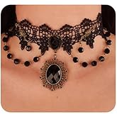Jumwrit Black Lace Choker Necklace for Women Sexy Gothic Flower Necklace Vintage Rhinestone Pendant Necklace Halloween Punk Chain Tassel Beaded Necklace (Style 3)