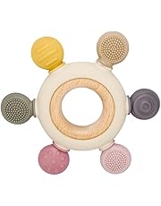 Baby Teething Toys Silicone Teethers BPA Free Silicone Rudder with Wooden Ring Soothe Babies Gums (Khaki)