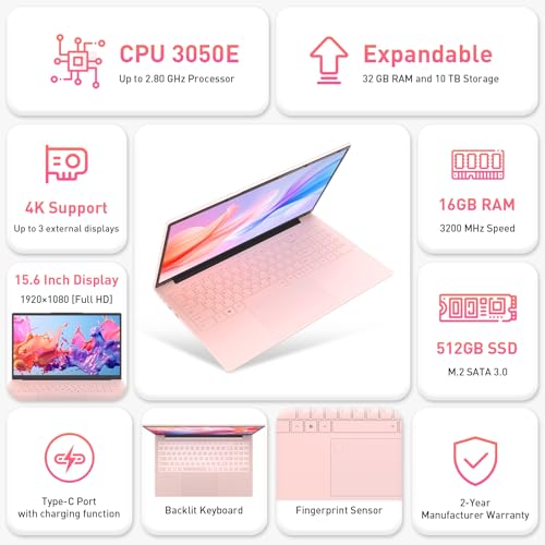 Auusda 16GB RAM 512GB SSD Laptop, Compatible with Win11, 15.6" Full HD IPS, Backlit Keyboard & Fingerprint Login, Full-Function USB C, 6000mAh, Lightweight Design for School & Work (Pink)