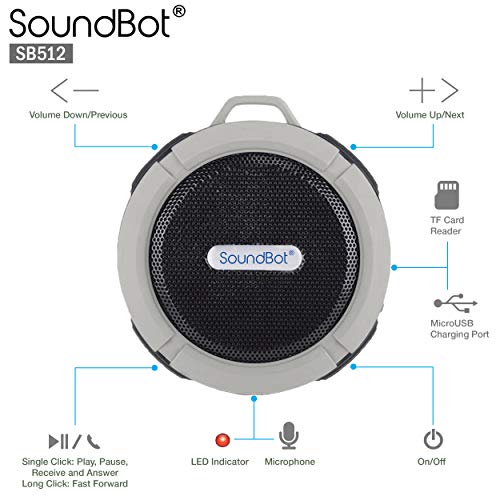 SoundBot SB512 HD Water & Shock Resistant Bluetooth 3.0 Wireless Shower Speaker, Handsfree Portable Speakerphone with MicroUSB Charging Port, 3W Output, Built-in Mic, 6hrs of playtime, Control Buttons and Dedicated Suction Cup for Showers, Bathroom, Pool - Thumbnail 3