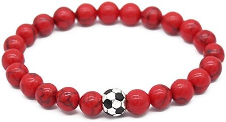 Natural 8mm Black Matte Agate Stone Beaded Bracelet with Soccer Football Charm, 7.5''