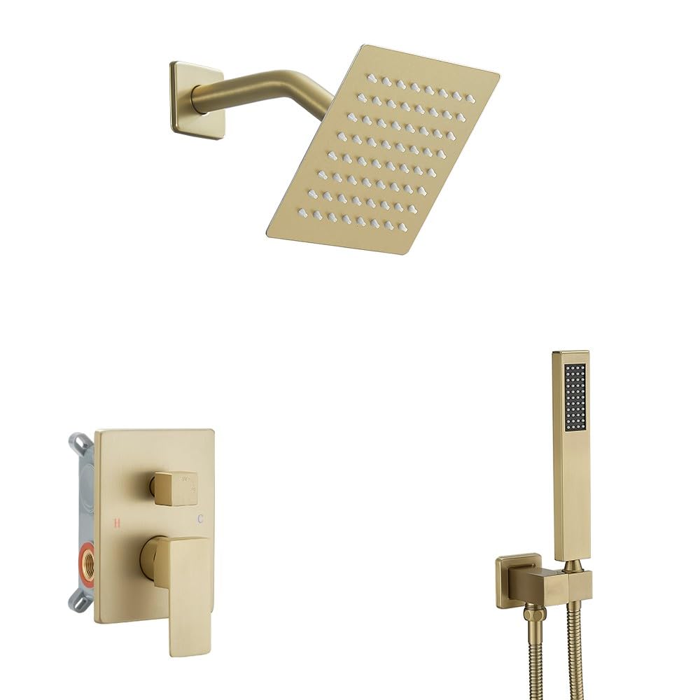 JingGang Brushed Gold Shower System 6 Inch Bathroom Luxury Rain Mixer Shower Combo Set Wall Mounted Rainfall Shower Head and Handheld System Shower Faucet Set Rough-in Valve Body and Trim Kit Image