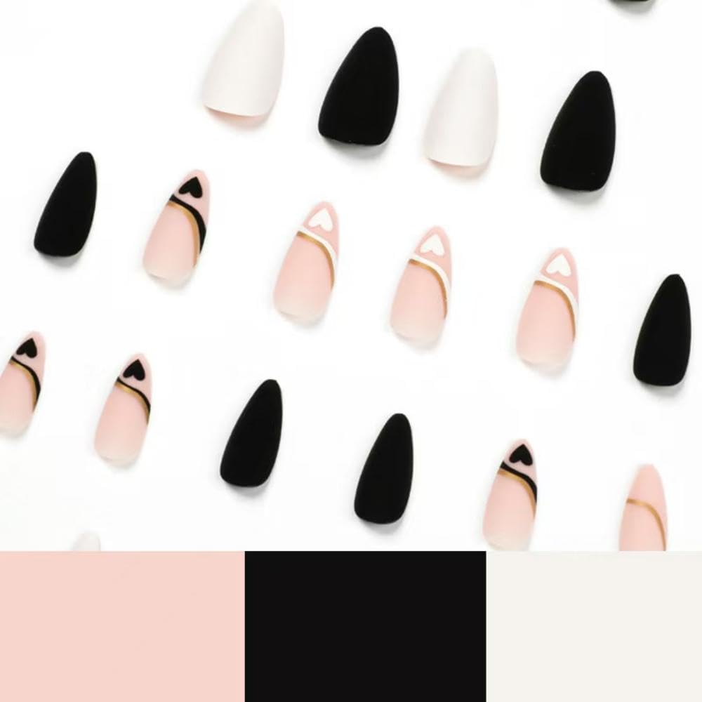 Love Press on nails Medium Stiletto Fake Nails with Design Nude Pink Glue on nails Glossy Acrylic Full Cover Black White Soild color Stick on Nails False Nails for Women Manicure - Image 5
