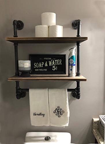 Industrial Pipe Shelf,Rustic Wall Shelf with Towel Bar,20" Towel Racks for Bathroom,2 Tiered Pipe Shelves Wood Shelf Shelving