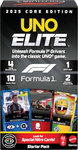 Elite Formula 1 Edición principal 2025, pack de iniciación, juego de cartas con 4 packs de propulsores y 2 cartas promocionales, para niños, niñas, fans, familias, noches de juegos, JLV42