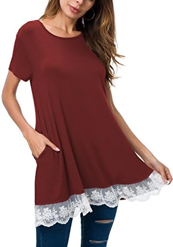 Mounblun Women Lace Long & Short Sleeve Tunic Top Blouse with Pockets