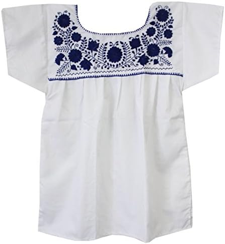 Liliana Cruz Embroidered White Peasant Blouse with Solid Color Embroidery (X-large, Blue)
