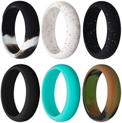 Silicone Wedding Ring For Women By Rmylove, 6 Pack - Designed for Comfort, Fitness, Exercise, 5.5 mm Wide (Camo，Turquoise ,Black，Glitter Black,White Sparkle,BlackWhite, 5（15.5mm))