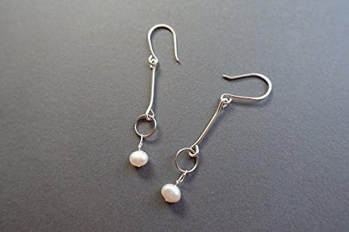 sterling silver steel and pearl circle and line earrings