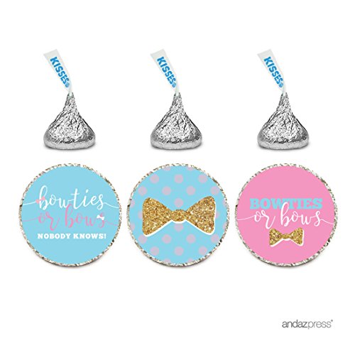 Andaz Press Chocolate Drop Labels Trio, Gender Reveal Baby Shower, Bowties or Bows Nobody Knows!, Pink and Baby Blue with Printed Gold Glitter, 216-Pack, Fits Kisses Party Favors
