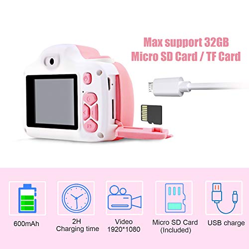 ShinePick Kids Camera, Kids Digital Camera 16MP HD 2.0 Inch Screen Selfie Video Camera with Cartoon Silicone Case & Micro SD Card for Kids(Pink)