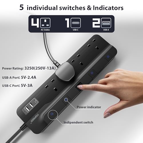 TOPREK 4 Plug Extension Lead with Ultra Wide Socket, Individual Switch 2 USB-A, 1 USB-C Extension Cable, 5m Extension Lead with USB Slots for Wall Mounting