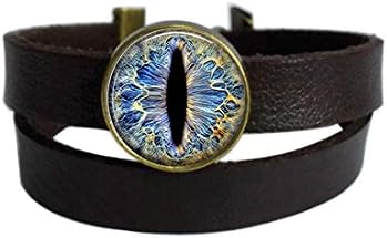 Frost Dragon Eye Resin Dragon Geek Dark Brown Leather Charm Bracelet Keychain Round Glass Cabochon Dome Pendant Stainless Steel Metal Handmade Wrap Around Wristband Bangle for Women Men Best Friend
