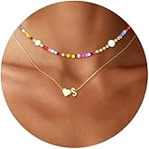 Colorful Beaded Initial Necklace for Her Heart Letter A-Z Pendant Necklace Freshwater Beaded Pearl Choker Necklace Dainty Boho Rainbow beaded Necklaces for Christmas Birthday Gifts