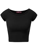 Doublju Womens Short Sleeve Round Neck Ribbed Knit Crop Top