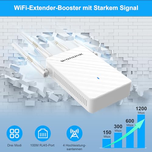 WONLINK WLAN-Verstärker, WLAN Repeater 1200 Mbps Dualband Internet Verstärker mit 4 Antennen, Ethernet-Port, WPS & MU-MIMO Unterstützt Repeater Router AP Modus Signalanzeige Ideal für Zuhause und Büro