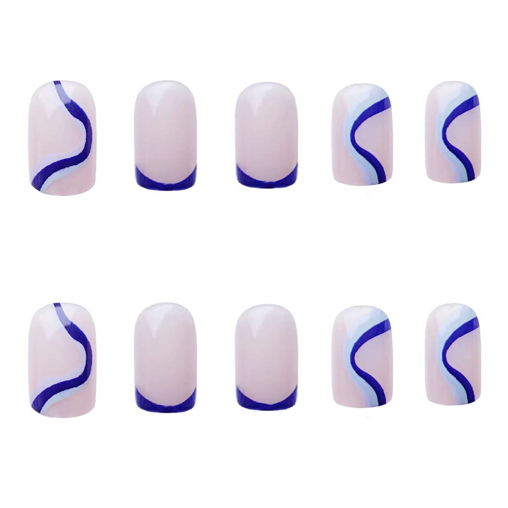Foccna Square Press on Nails Acrylic French Fake Nails Short Swirls Cute Women's Blue False Nails Daily Wear Artificail Nails for Women&Girls, 24PCS - Image 3