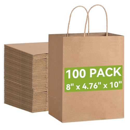 Brothersbox Brown Gift Bags with Handles 100PCS, 8 * 4.76 * 10 Inch Medium Kraft Paper Bags Bulk for Craft Shopping Business Party Favor Retail Birthday Grocery