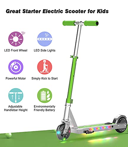 MEGAWHEELS Electric Scooter for Kids, Kids Electric Scooter with LED Front Wheel and LED Side Light, Up to 5 Miles and 7.5mph, Kids Kick Scooter for Boys, Girls(Green)