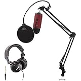 Blue Microphones Yeti Red USB Microphone with Knox Studio Stand, Studio Headphones and Pop Filter