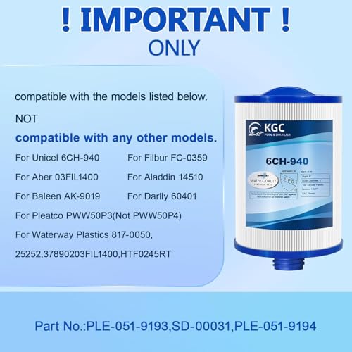 KGC Spa Filter 6CH-940 for Whirlpool, Pack of 2 Replacement for Pleatco PWW50P3 (1 1/2" SAE Coarse Thread), Unicel 6CH-940, Filbur FC-0359, Waterway 817-0050, Washable Filter Cartridge, High Flow