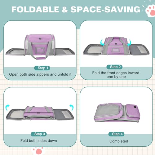 BTNEEU Foldable Cat Carrier Carrier Small Dog Carrier Airline Approved Breathable Carrier Bag with Inner Strap, Washable Soft Cushion and Adjustable Shoulder Strap (Purple)