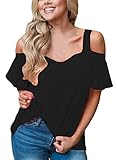 Astylish Women Sexy Cut Out Cold Shoulder Ruffle Short Sleeve Shirt Blouse Top Black Large