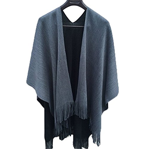 Vipe Women Poncho Cape Reversible Shawl Wrap Tassel Cardigans Sweater Coat (Black & Grey)