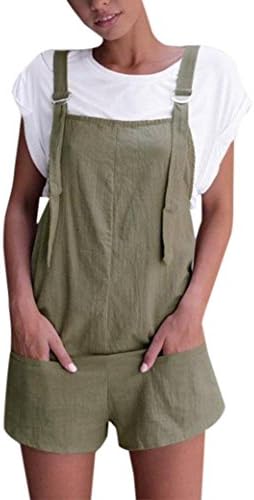 Hatoppy Women Elastic Waist Dungarees Linen Cotton Pockets Rompers Playsuit Shorts Pants (XL, Green)