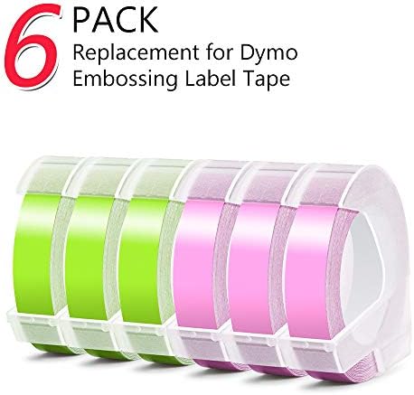 Aken Compatible Embossing Tape Replacement for Dymo Label Tape Self-Adhesive, Use with Dymo Omega Junior Home Embossing Label Maker, 9 mm x 3 m - White Print on Fluorescent Pink Green, 6 Pack