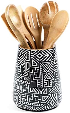 Kitchen Utensil Holder Or Utensil Crock Large Decorative Wooden Utensil Organizer For Spatula Spoon Or Any Cooking Tools Mango Wood Tribal Black Amazon Sg Home