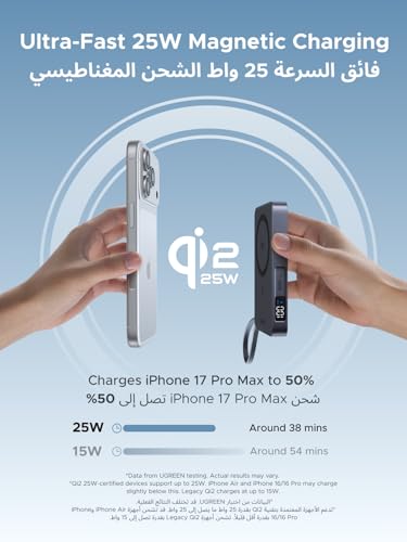UGREEN Magsafe Power Bank Qi2 25W,10000mAh Wireless Portable Charger Built-in 30W USB-C Cable, Magnetic Charging for iPhone 17/16/15, Compatible with iPhone, AirPods, Xiaomi, Samsung, MagFlow Series