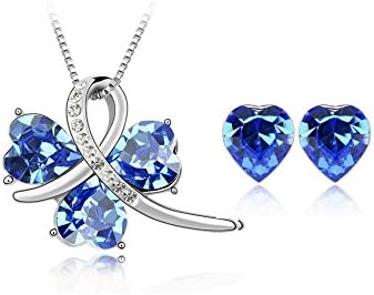 The Starry Night Meet Happiness Heart Blue Crystal Diamond Accented Four Leaf Clover Pendant Silver Necklace