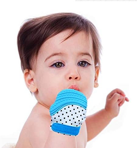 The Original Mom-Invented Silicone Teether Mitten with Travel Bag – Ideal Teething Toys for Baby Shower Gift - Grey Stars (Blue Stars)