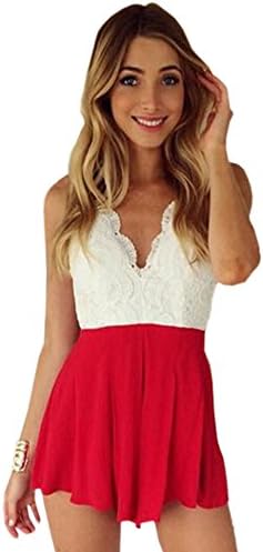 Yipost Women's Backless Lace Splicing Deep V Neck Romper Jumpsuit Shorts