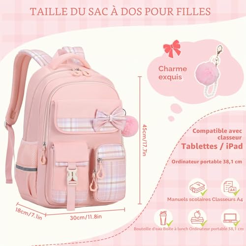 Tanou Girls Primary School Bag, Waterproof Daypack School Backpack for Teens, Kawaii Checked School Bag for Girls 9-16 Years Old for Travel