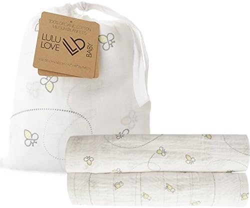 Lulu Love Baby 100% Organic Cotton Muslin Swaddle Blanket Set “Amber 2 Pack – Unisex Design for Girls & Boys – Perfect Shower Gift Idea