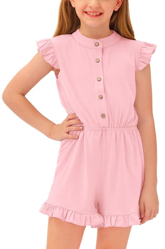 Photo 1 of BesserBay Big Girl's First Day of School Ruffled Romper Pink Sleeveless Jumpsuit 7-8 Years